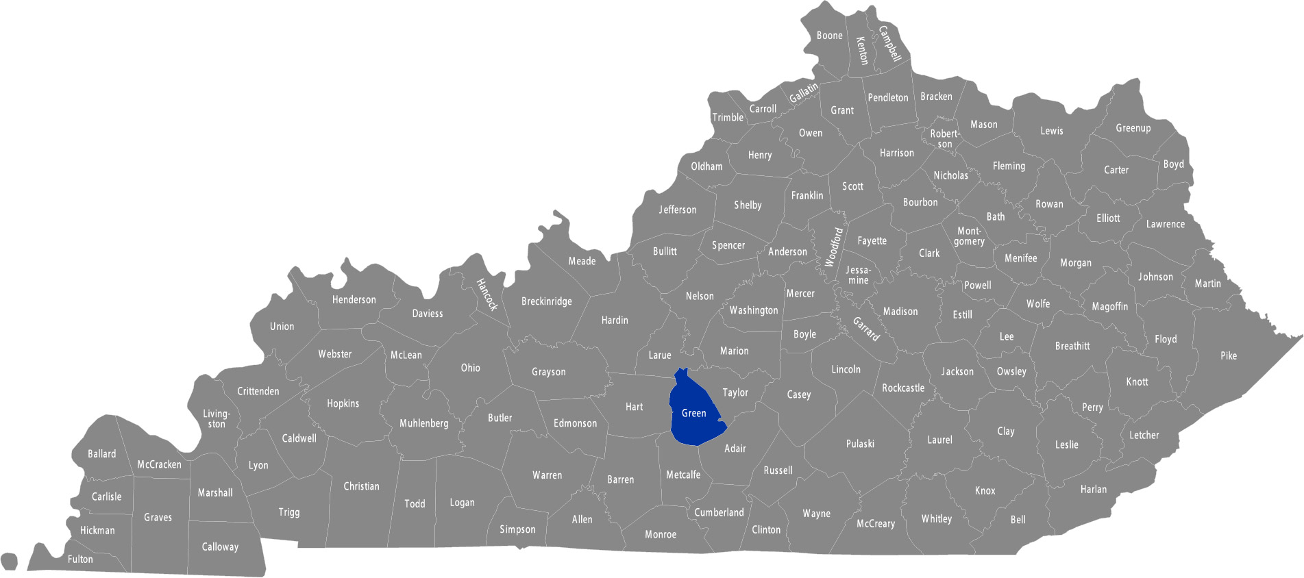 State of Kentucky map with Green County highlighted 